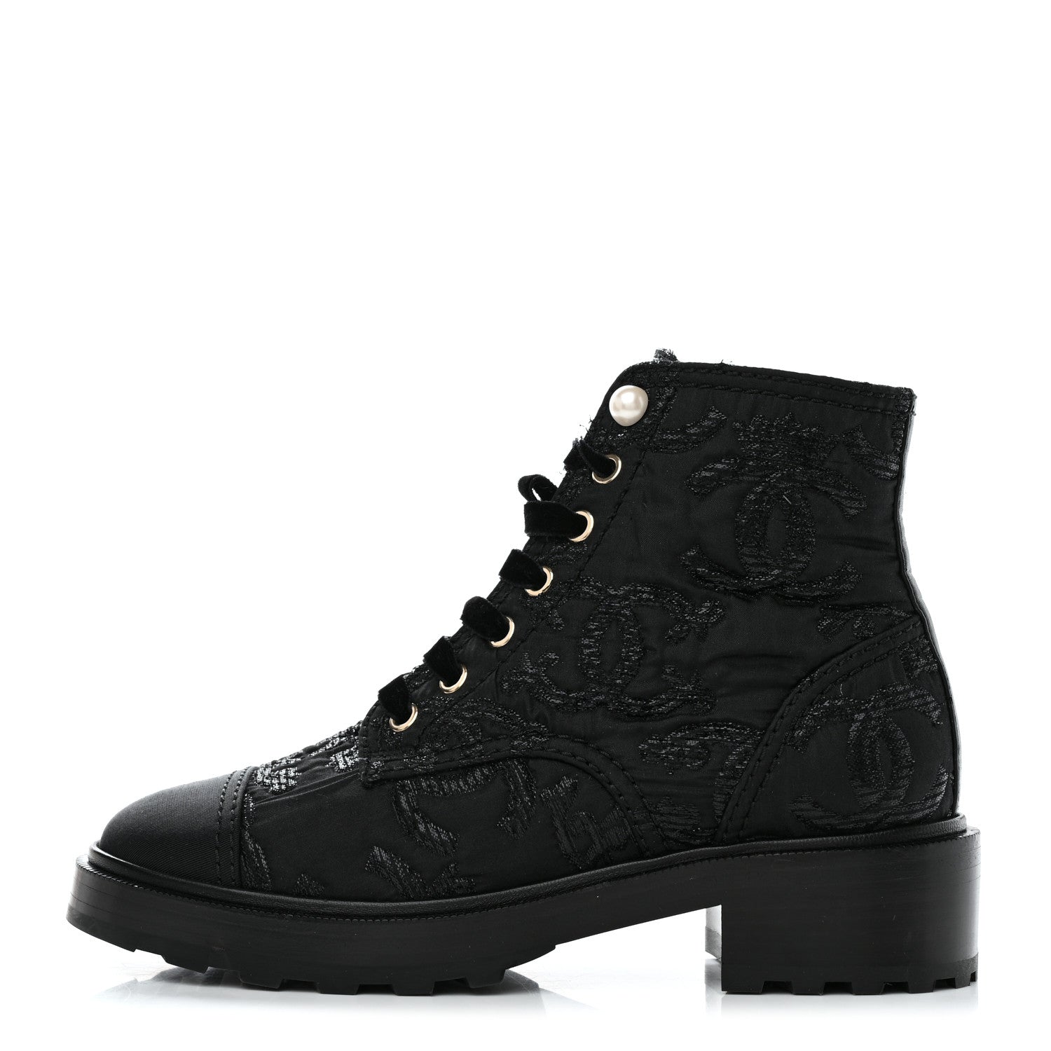 Chanel Tweed Grosgrain CC Combat Short Boots 38.5 Black 1 of 8