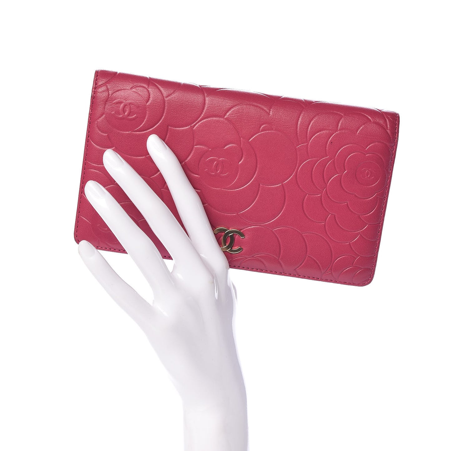 Lambskin Camellia Embossed Yen Wallet Fuchsia
