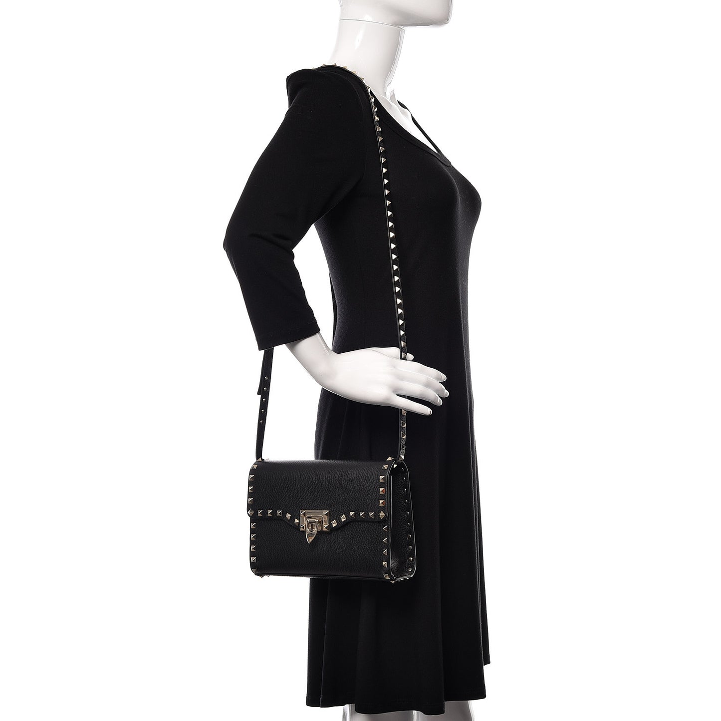 Pebbled Calfskin Medium Rockstud Flip Lock Crossbody Bag Black