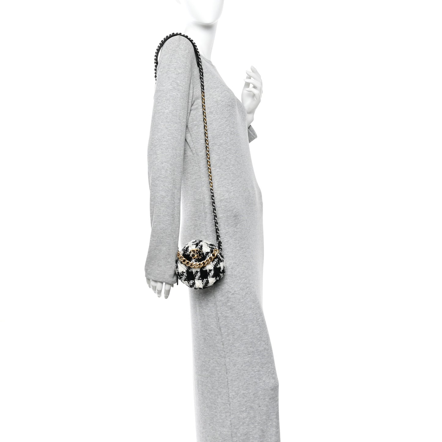 Wool Tweed Lambskin Quilted Chanel 19 Round Clutch With Chain and Coin Purse Black White Ecru