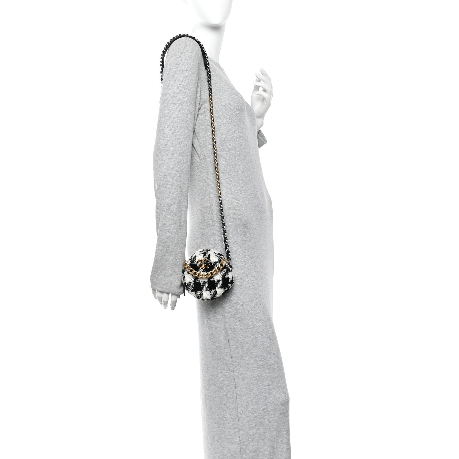 Chanel Wool Tweed Lambskin Quilted Chanel 19 Round Clutch With Chain and Coin Purse Black White Ecru 2 of 10