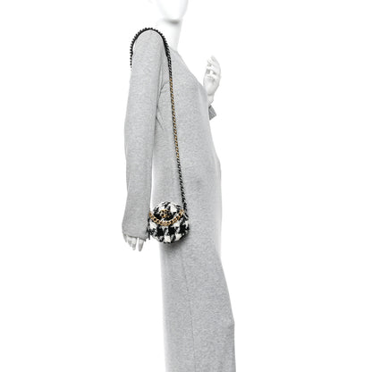 Chanel Wool Tweed Lambskin Quilted Chanel 19 Round Clutch With Chain and Coin Purse Black White Ecru 2 of 10