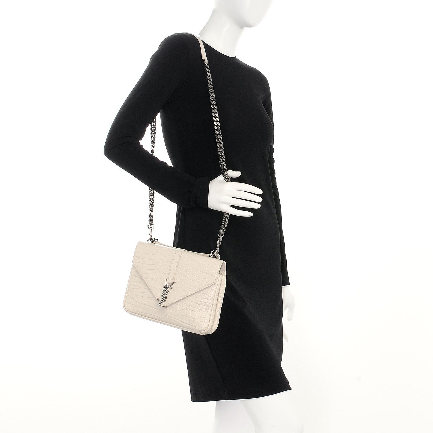 Saint Laurent Calfskin Crocodile Embossed Medium College Monogram Satchel Dove White 2 of 8