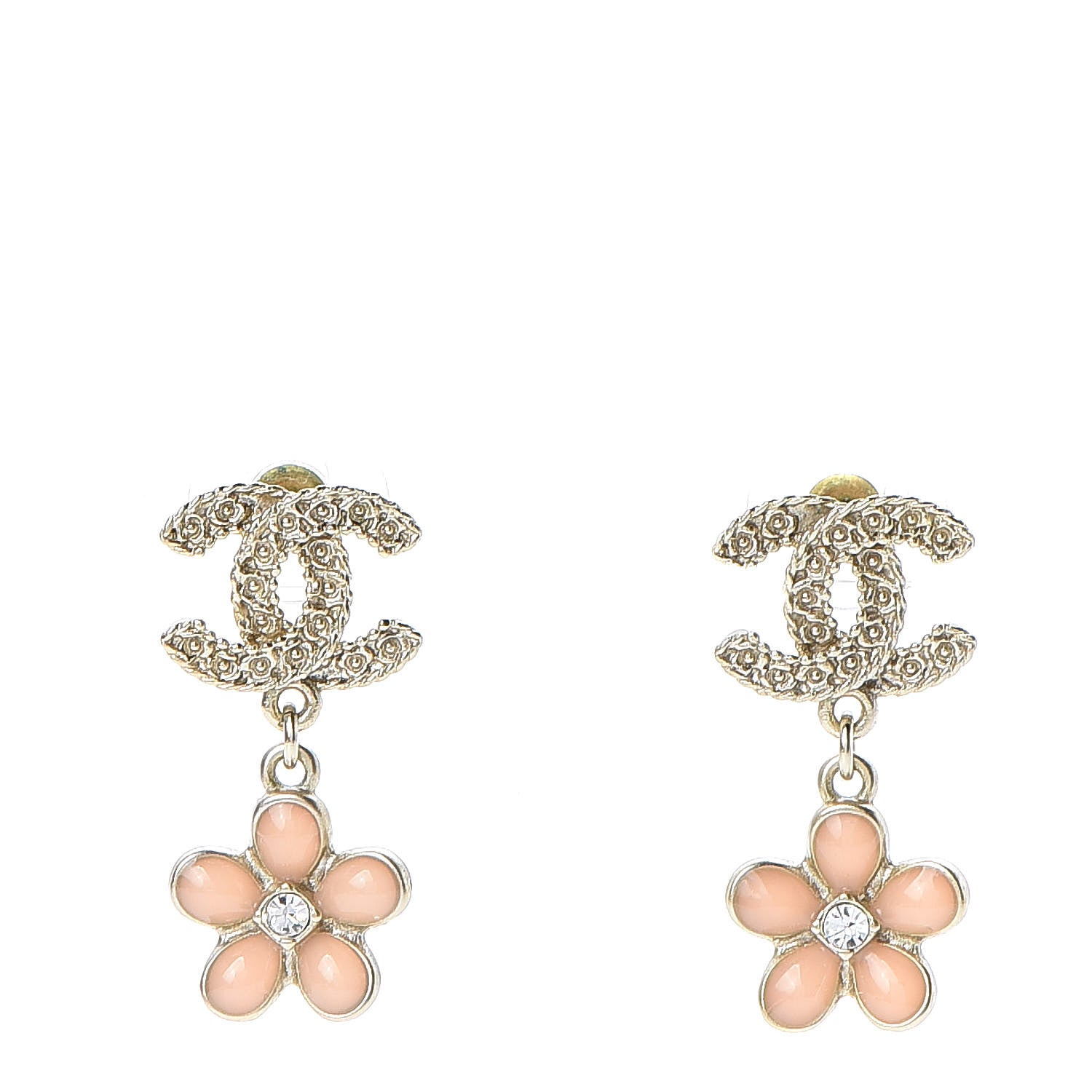Chanel Crystal CC Flower Drop Earrings Pink Gold 1 of 4