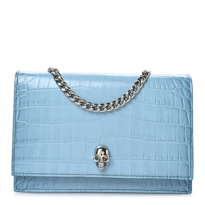 Alexander McQueen Calfskin Crocodile Embossed Skull Mini Crossbody Bag Blue 1 of 12