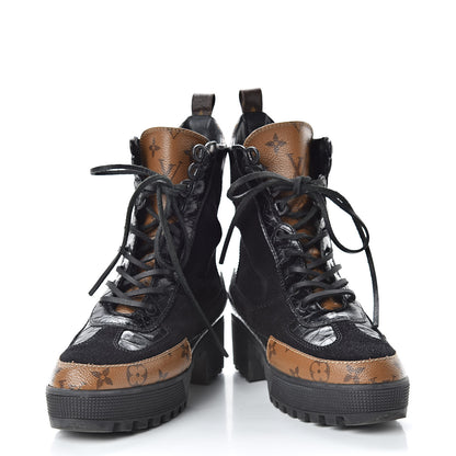 Louis Vuitton Suede Calfskin Reverse Monogram Laureate Platform Desert Boots 37.5 Black 6 of 12