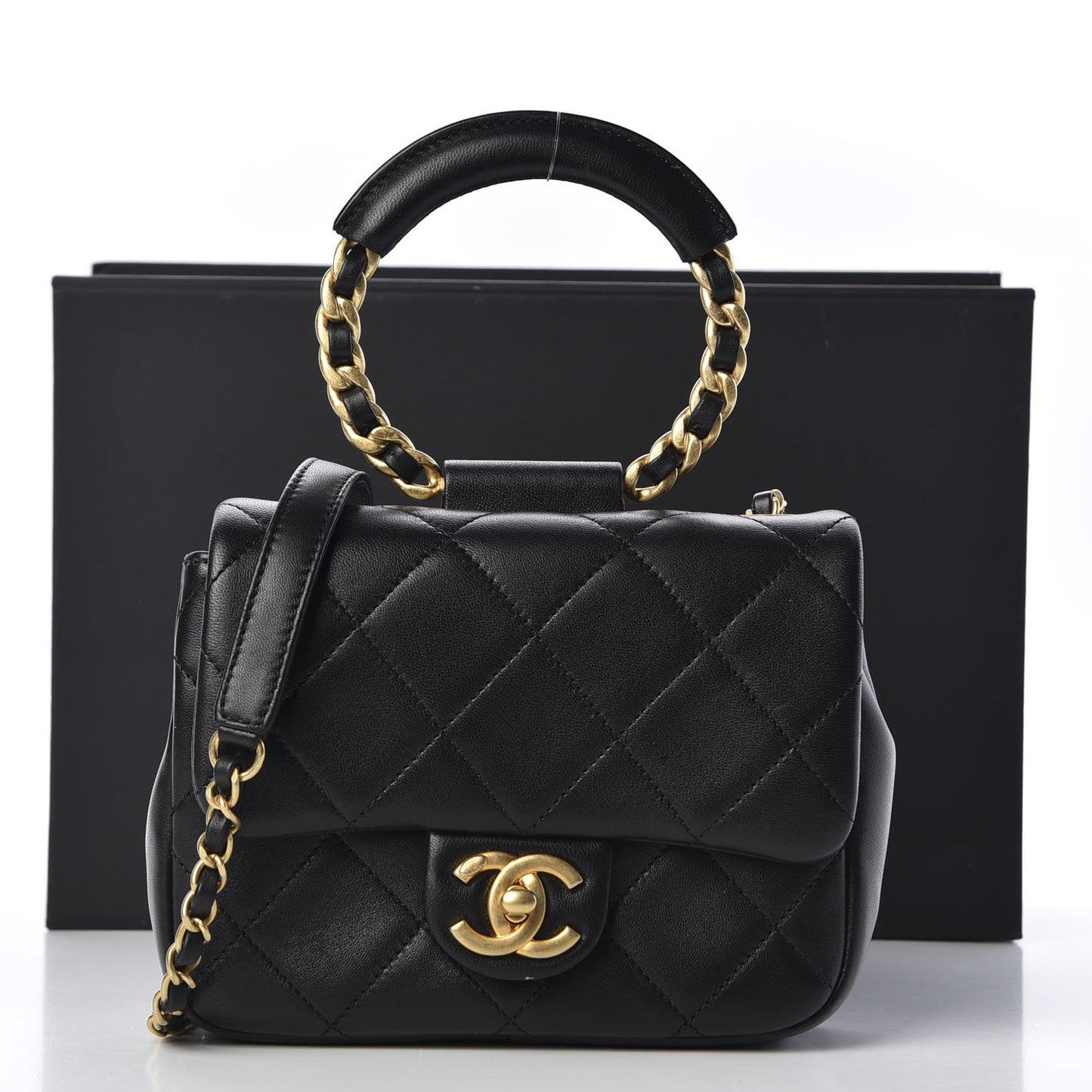 Lambskin Quilted Small Circular Handle Bag Black