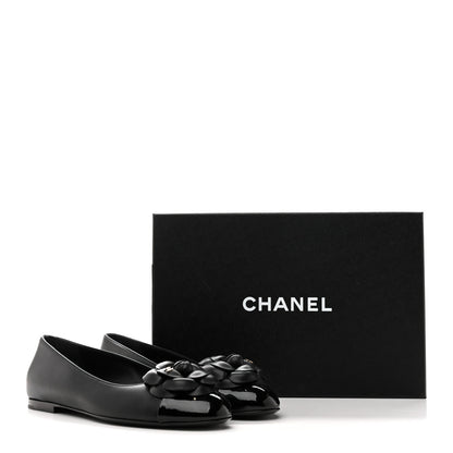Chanel Lambskin Patent Cap Toe Camellia Ballerina Flats 38 Black 10 of 10