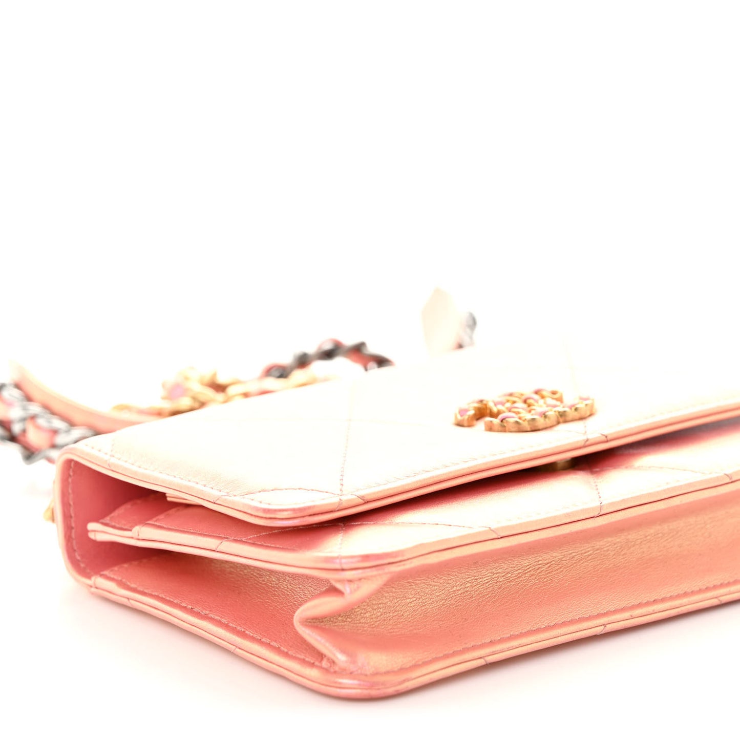 Iridescent Calfskin Quilted Chanel 19 Wallet On Chain WOC Pink