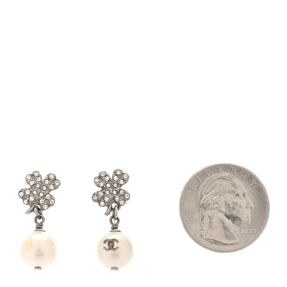 Chanel Crystal Pearl CC Clover Drop Earrings Silver 2 of 5