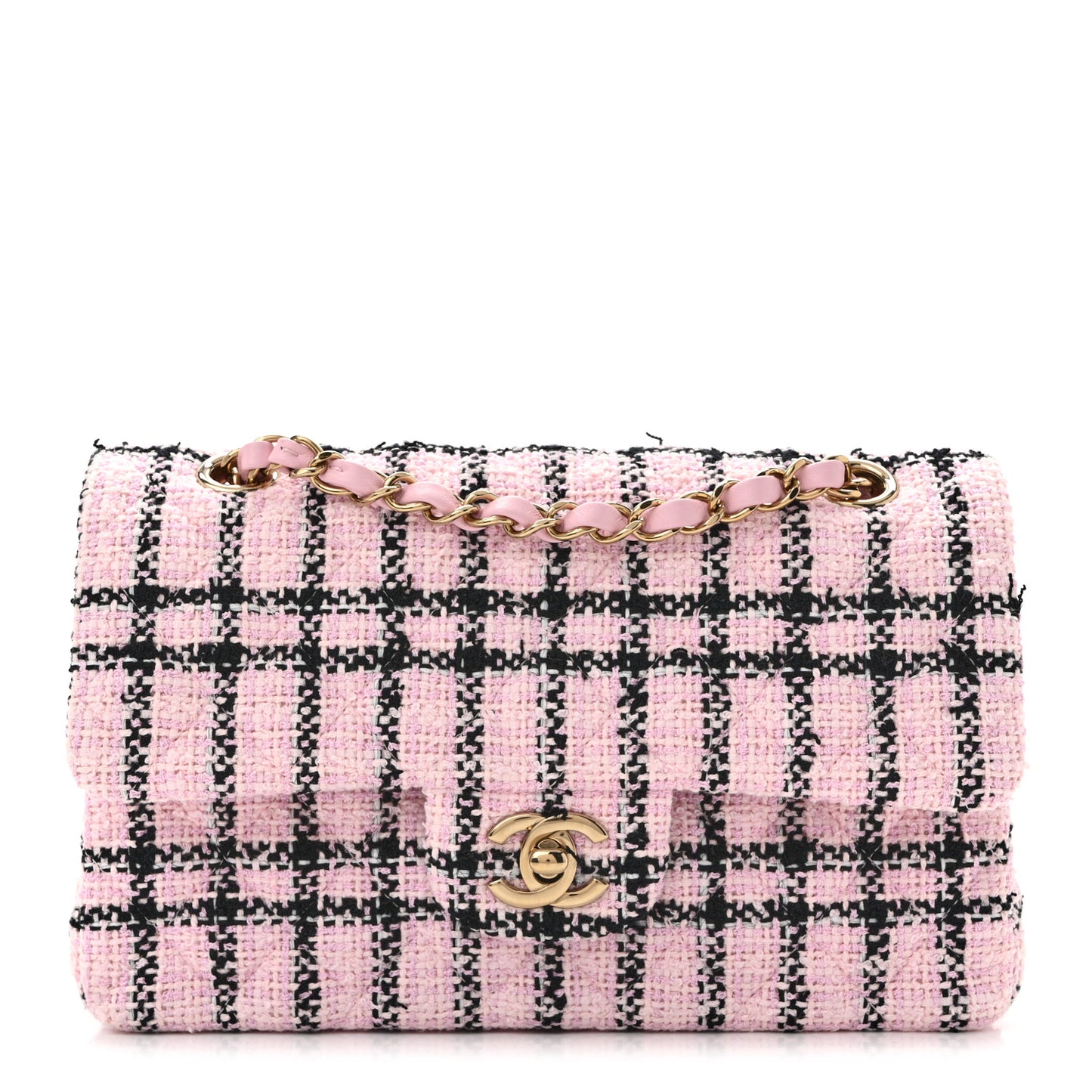 Tweed Quilted Small Double Flap Pink Black