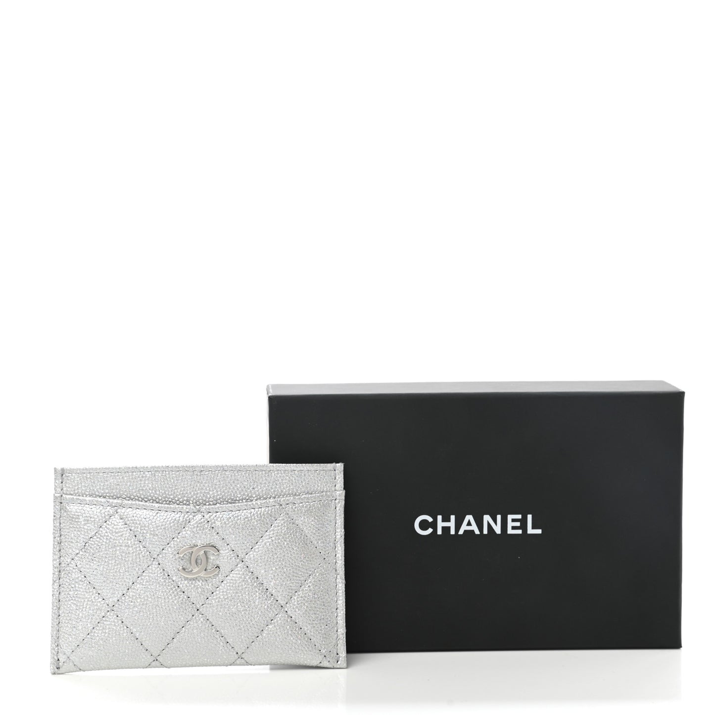 Glittered Metallic Caviar Quilted Card Holder Silver