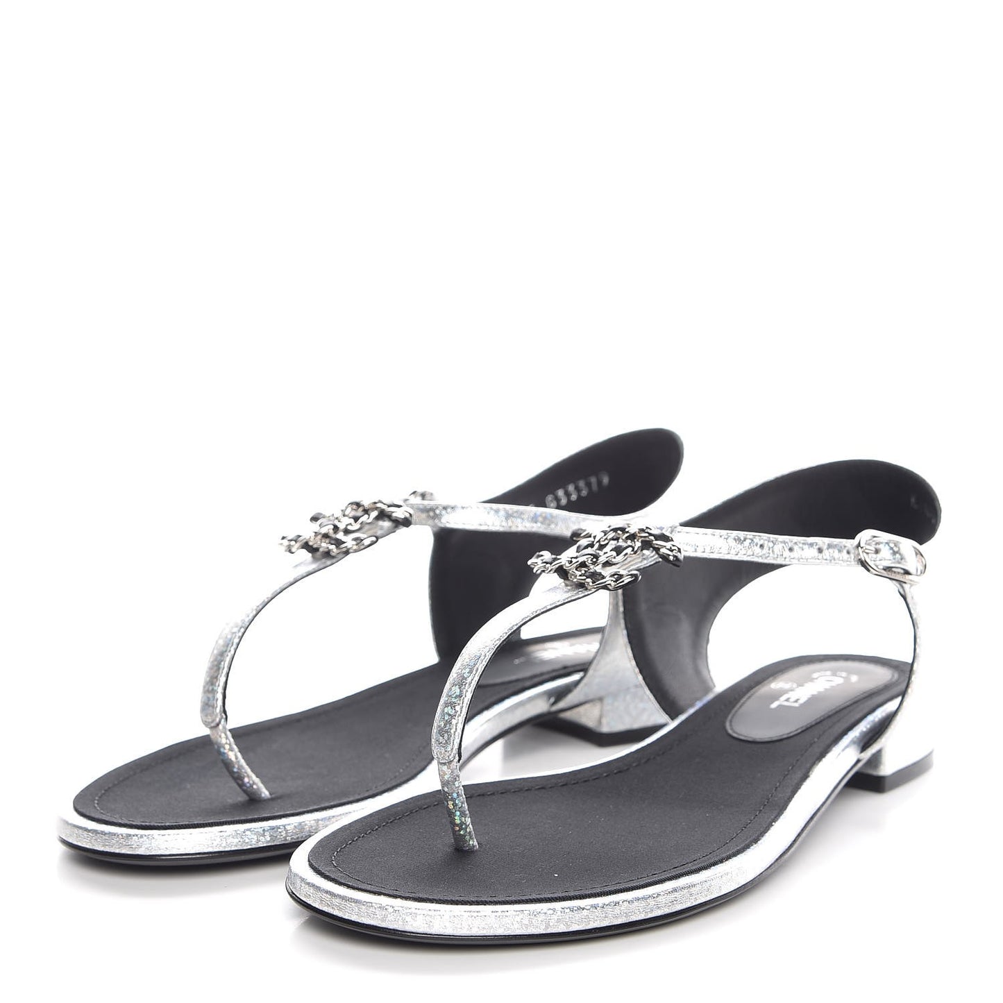 Fantasy Lambskin CC Chain Thong Sandals 37.5 Silver Black