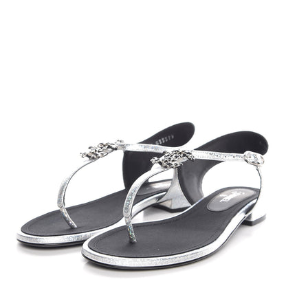Chanel Fantasy Lambskin CC Chain Thong Sandals 37.5 Silver Black 3 of 9