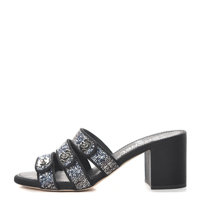 Chanel Tweed Grosgrain Sandals 37 Black Blue 1 of 7