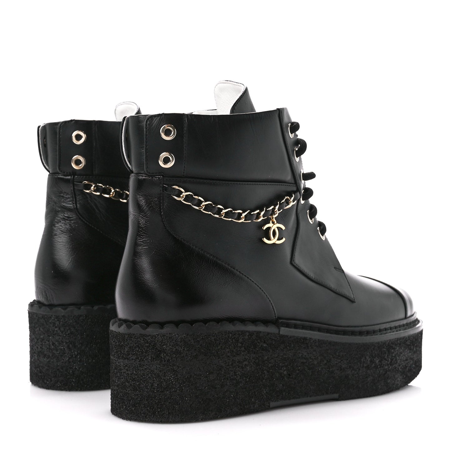 Calfskin Shiny Calfskin Chain Lace Up CC Short Boots 38 Black