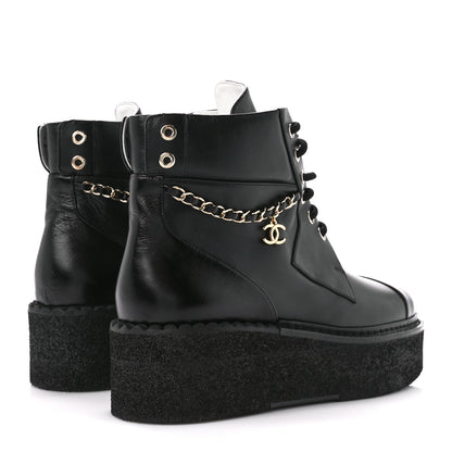 Chanel Calfskin Shiny Calfskin Chain Lace Up CC Short Boots 38 Black 4 of 8