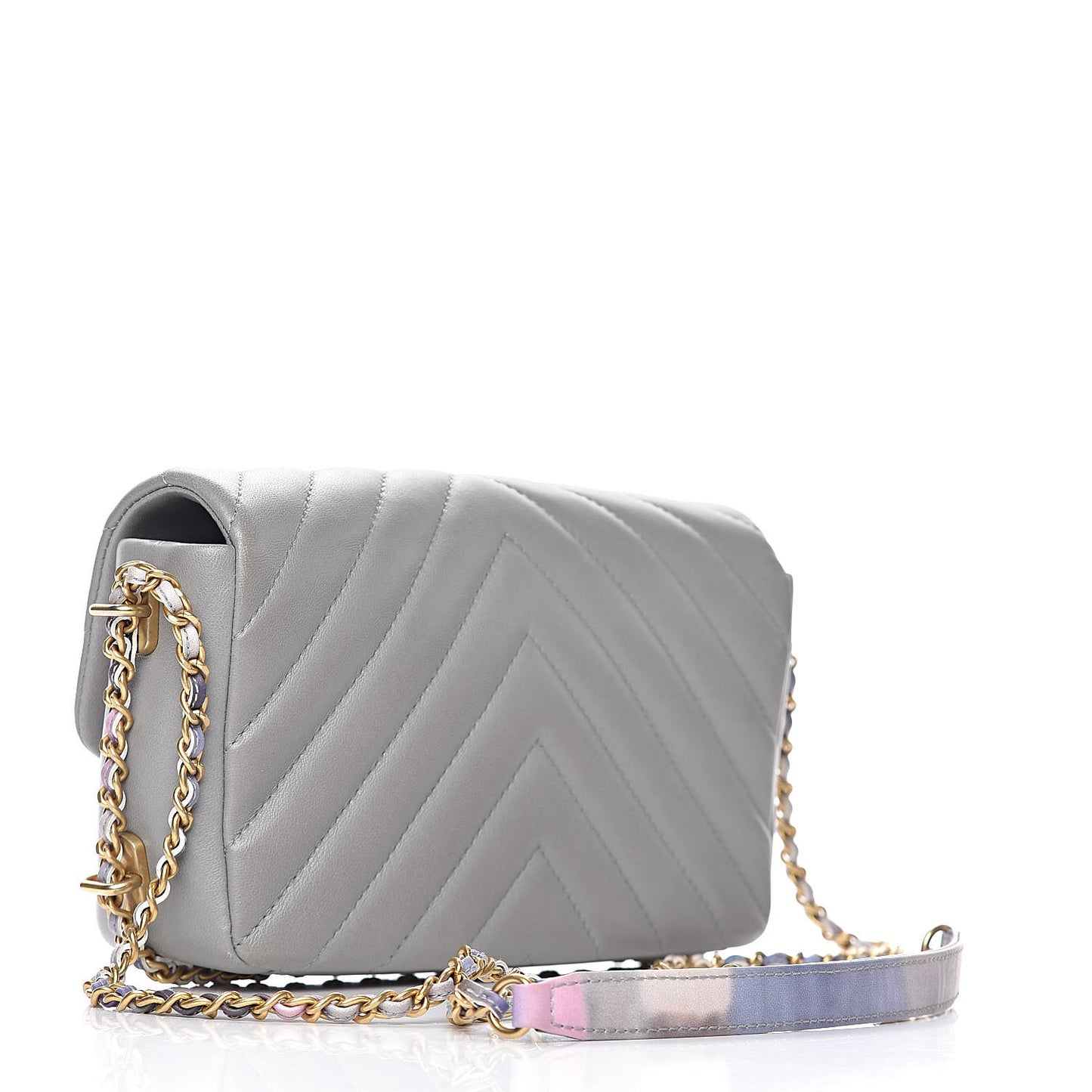 Lambskin Chevron Quilted Chain Around Mini Rectangular Flap Grey