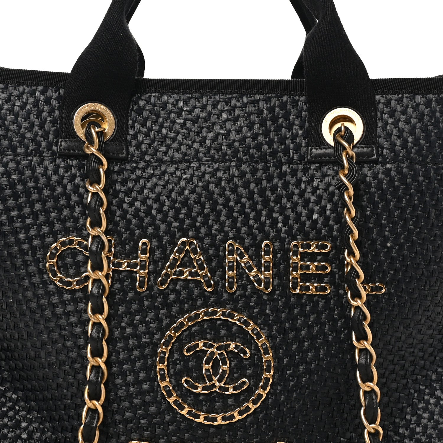 Chanel Straw Raffia Calfskin Chain Medium Deauville Tote Black 8 of 10