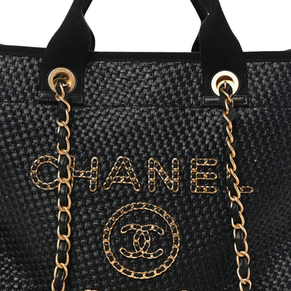 Chanel Straw Raffia Calfskin Chain Medium Deauville Tote Black 8 of 10