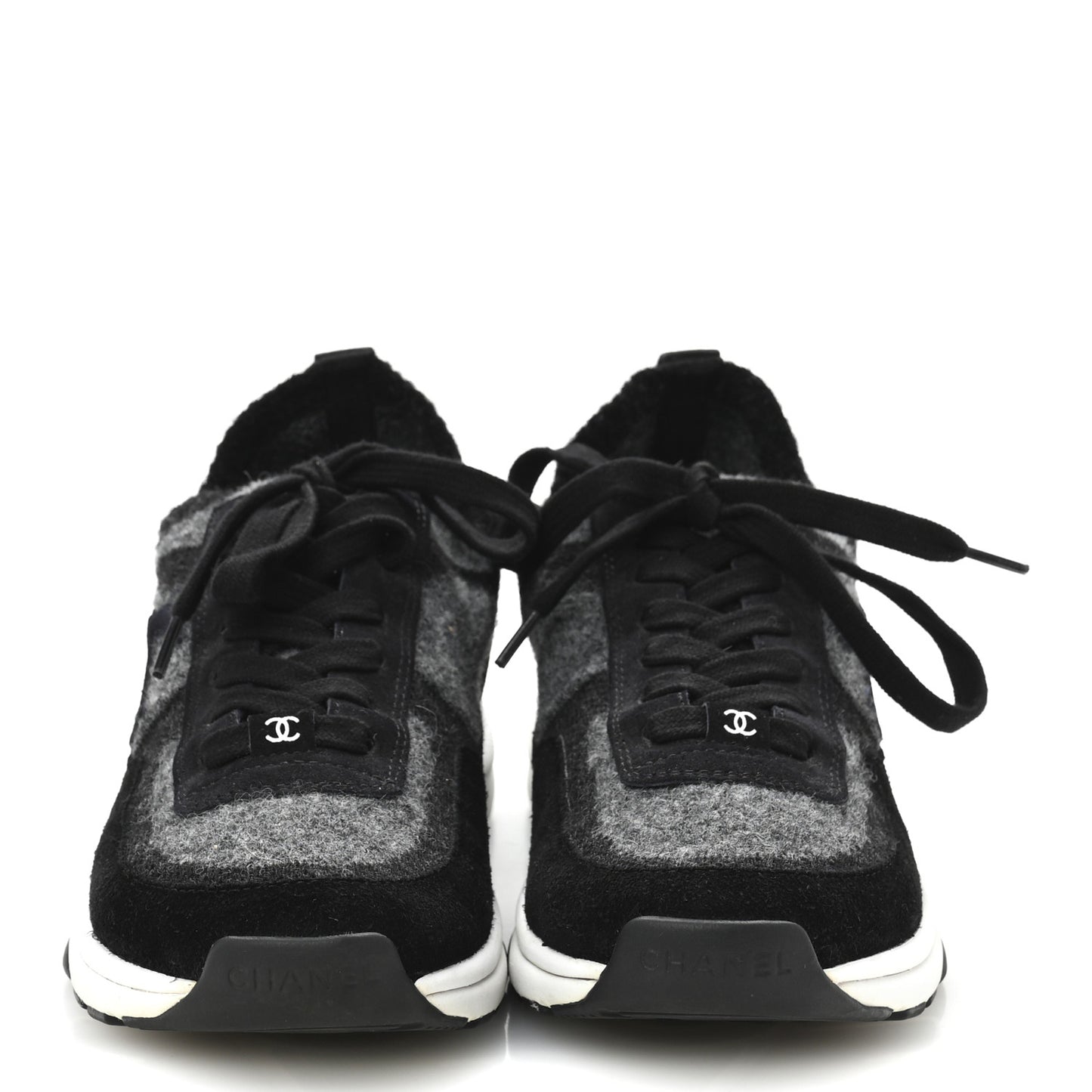 Knit Fabric Suede Calfskin Womens CC Sneakers 38 Grey Black