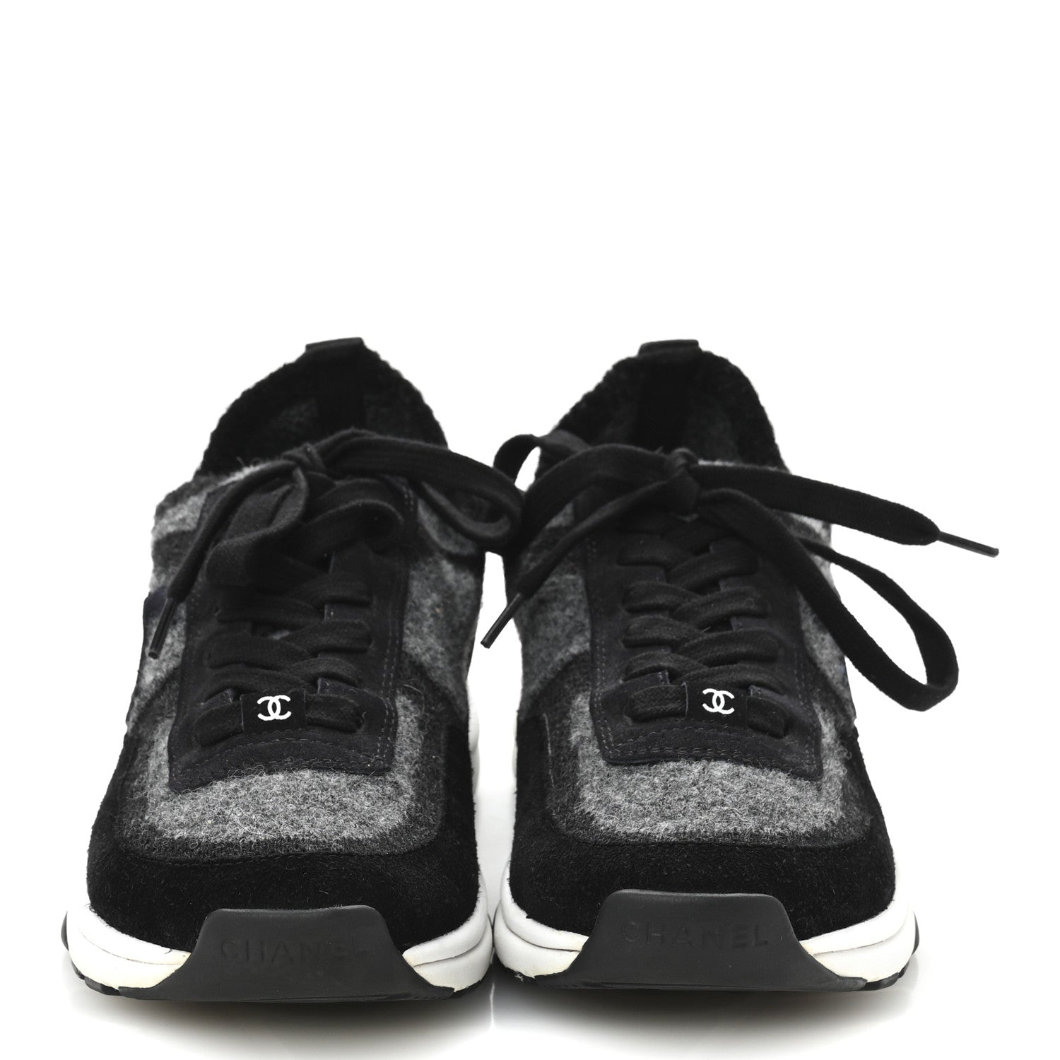 Chanel Knit Fabric Suede Calfskin Womens CC Sneakers 38 Grey Black 3 of 9