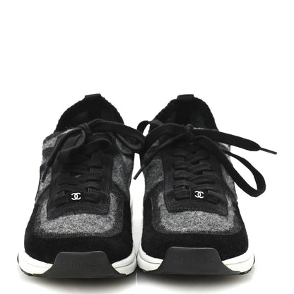Chanel Knit Fabric Suede Calfskin Womens CC Sneakers 38 Grey Black 3 of 9