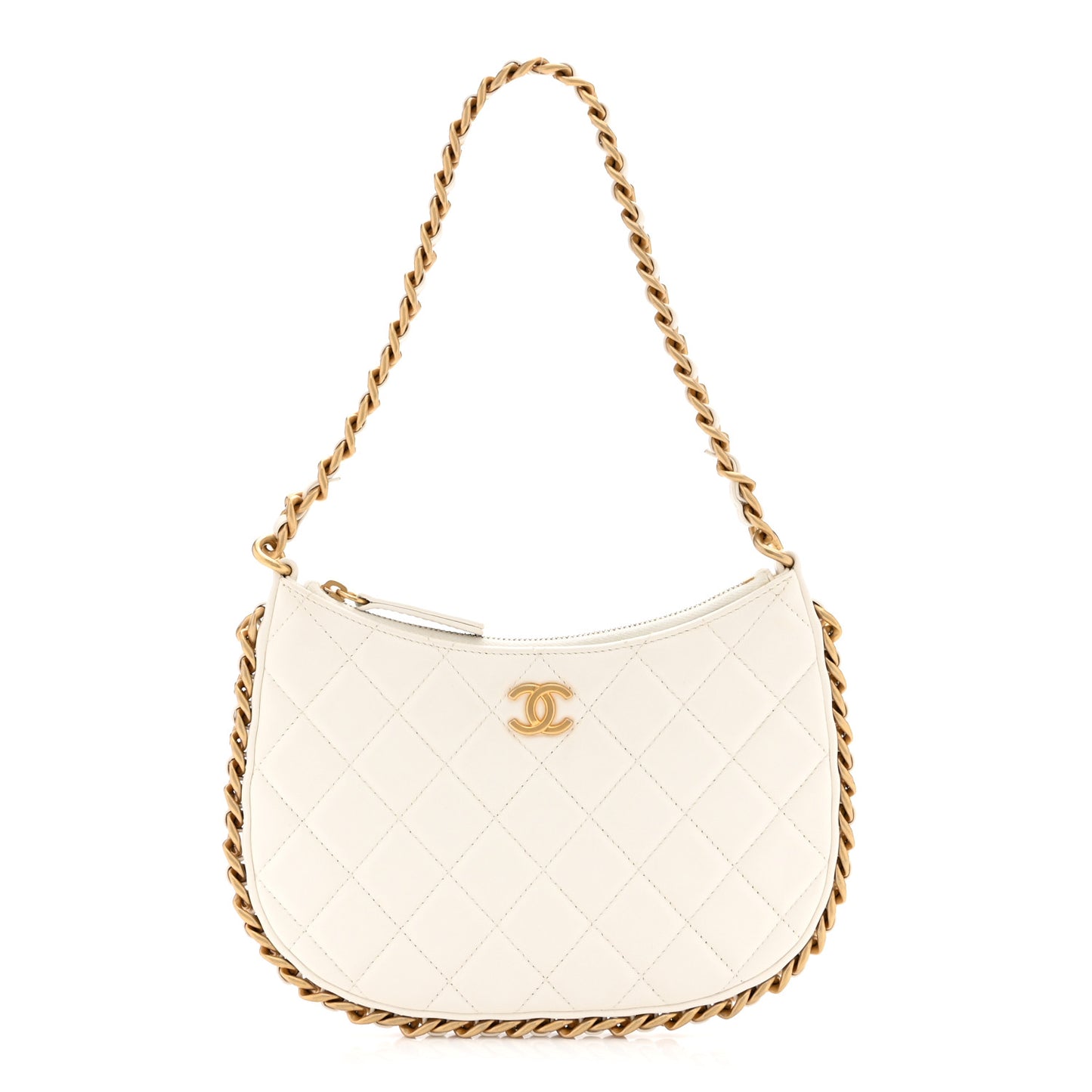 Shiny Crumpled Lambskin Quilted Trendy Chain Around Hobo White