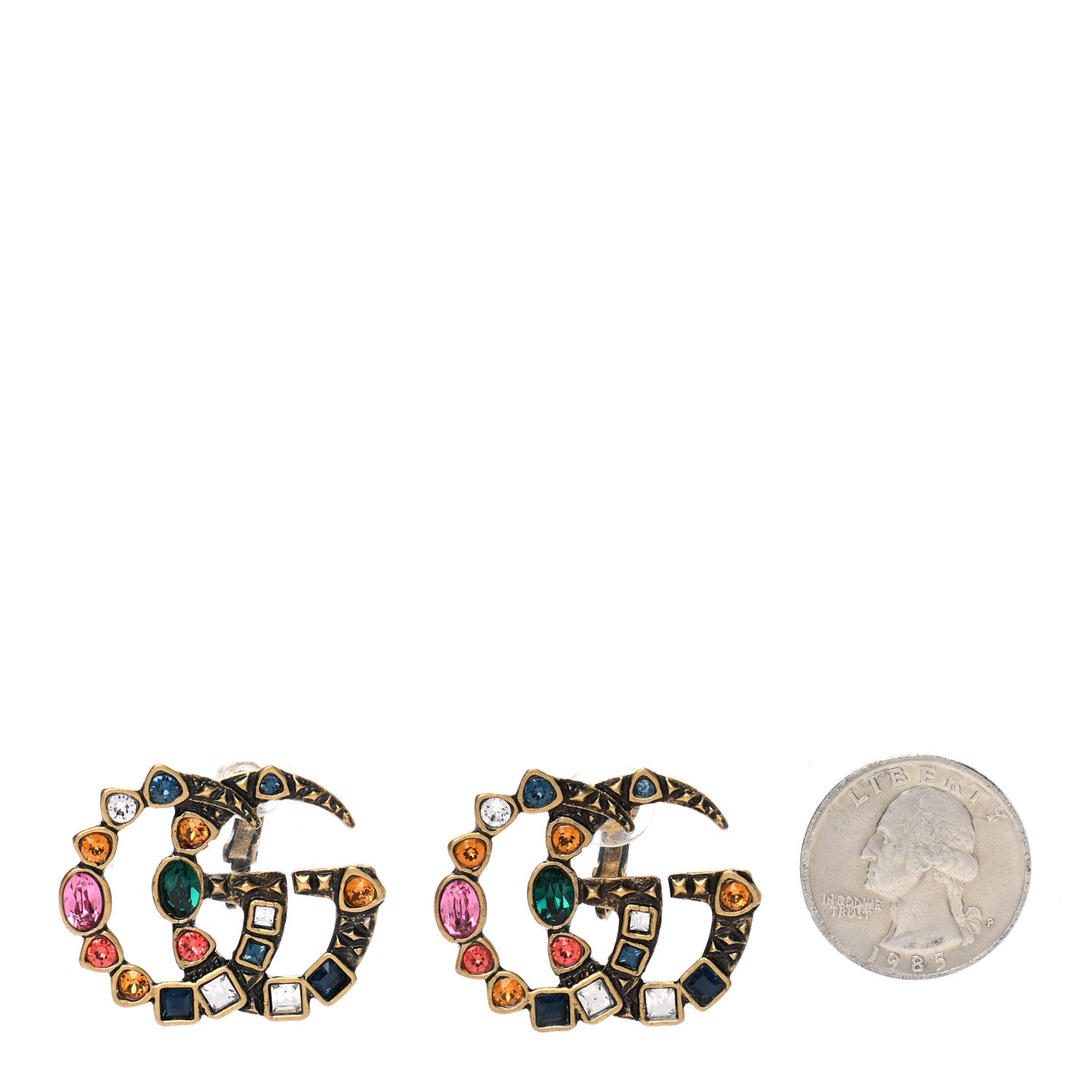 Gucci Crystal Double G Clip On Earrings Aged Gold Multicolor 2 of 6