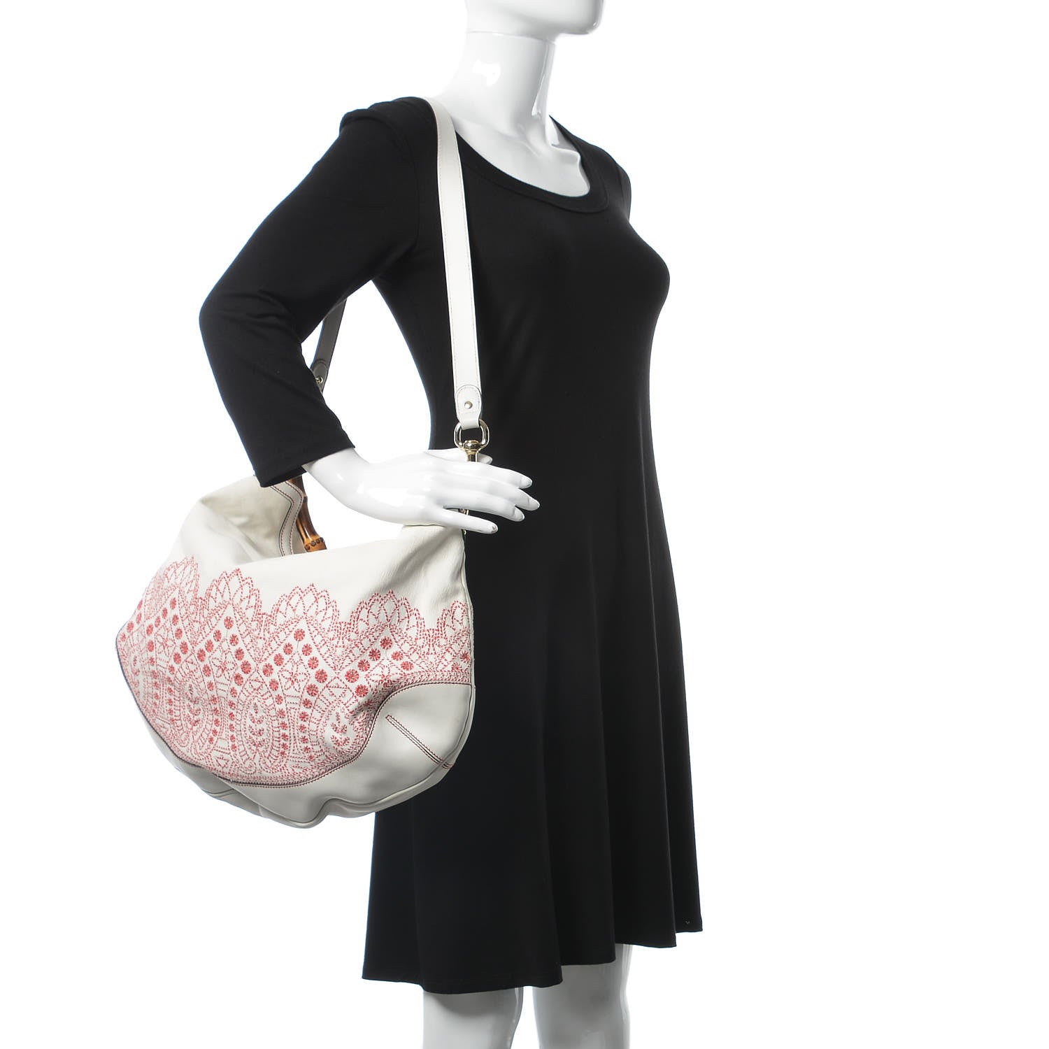Gucci Canvas Embroidered Peggy Bamboo Top Handle Hobo White 2 of 9