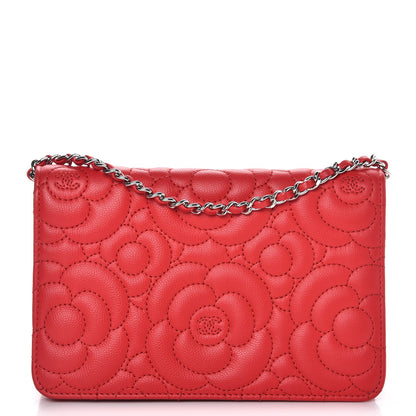 Chanel Caviar Camellia Embossed Wallet On Chain WOC Red 1 of 8