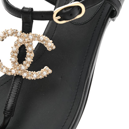 Chanel Calfskin Pearl Crystal CC Charm Thong Sandals 35.5 Black 10 of 11