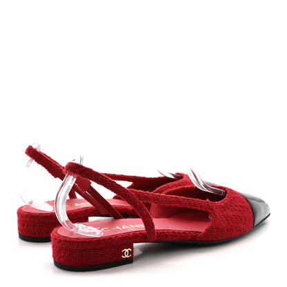 Chanel Tweed Patent Cap Toe CC Slingback Flats 39 Red Black 5 of 10