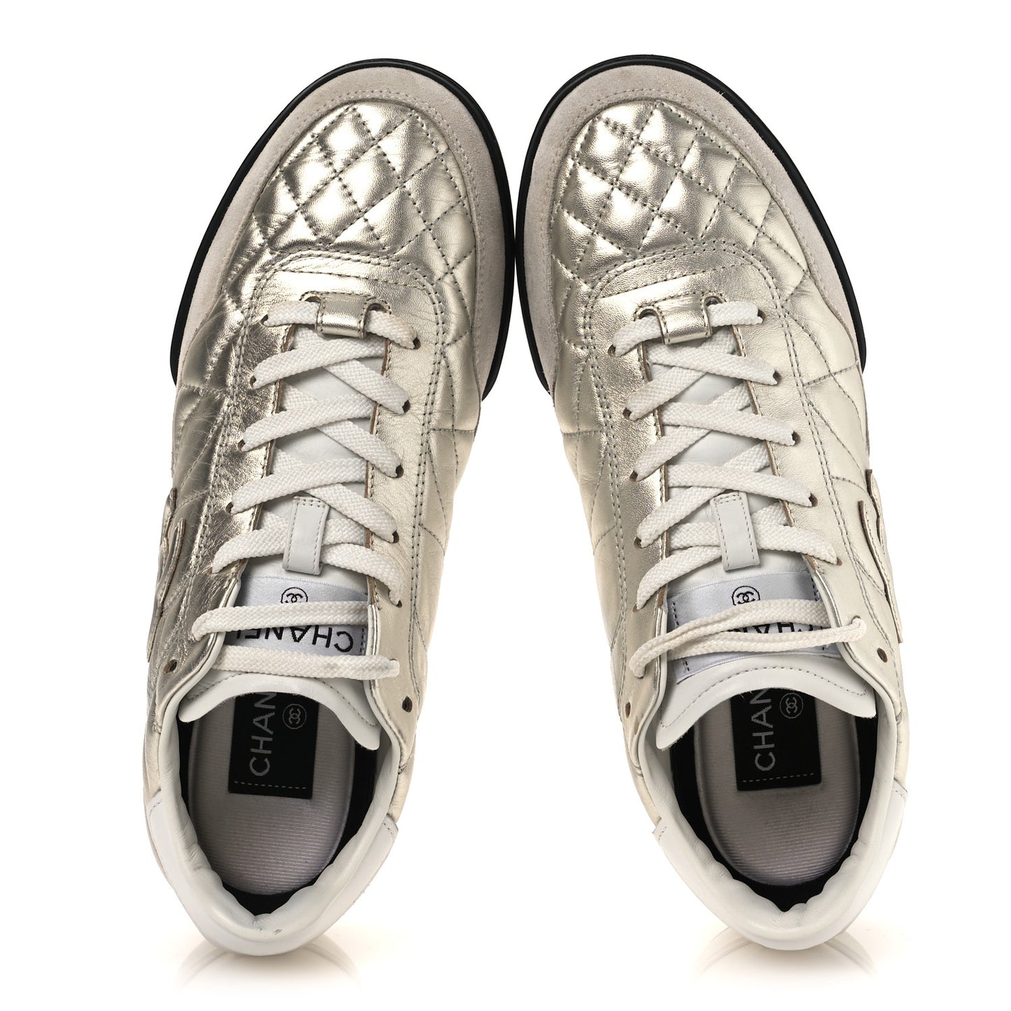 Laminated Calfskin Suede Quilted Womens CC Sneakers 39 Silver White