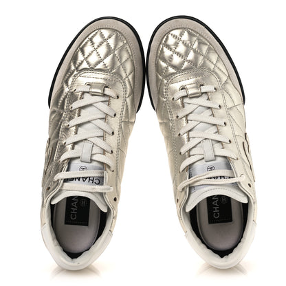 Chanel Laminated Calfskin Suede Quilted Womens CC Sneakers 39 Silver White 2 of 14