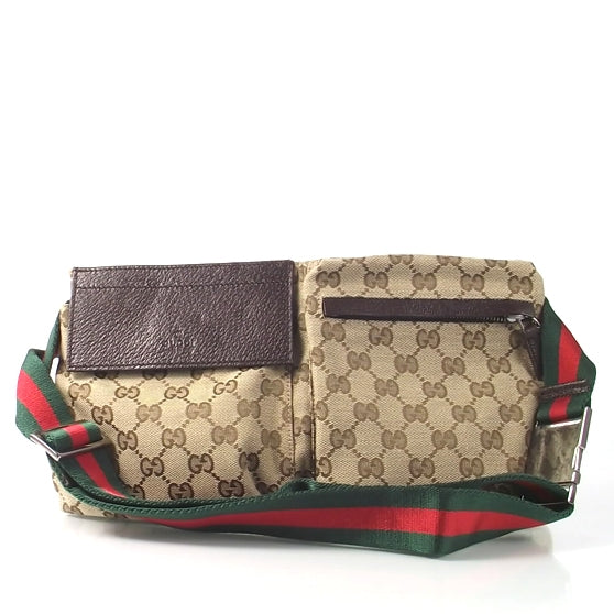 GG Monogram Web Double Pocket Belt Bag Ebony