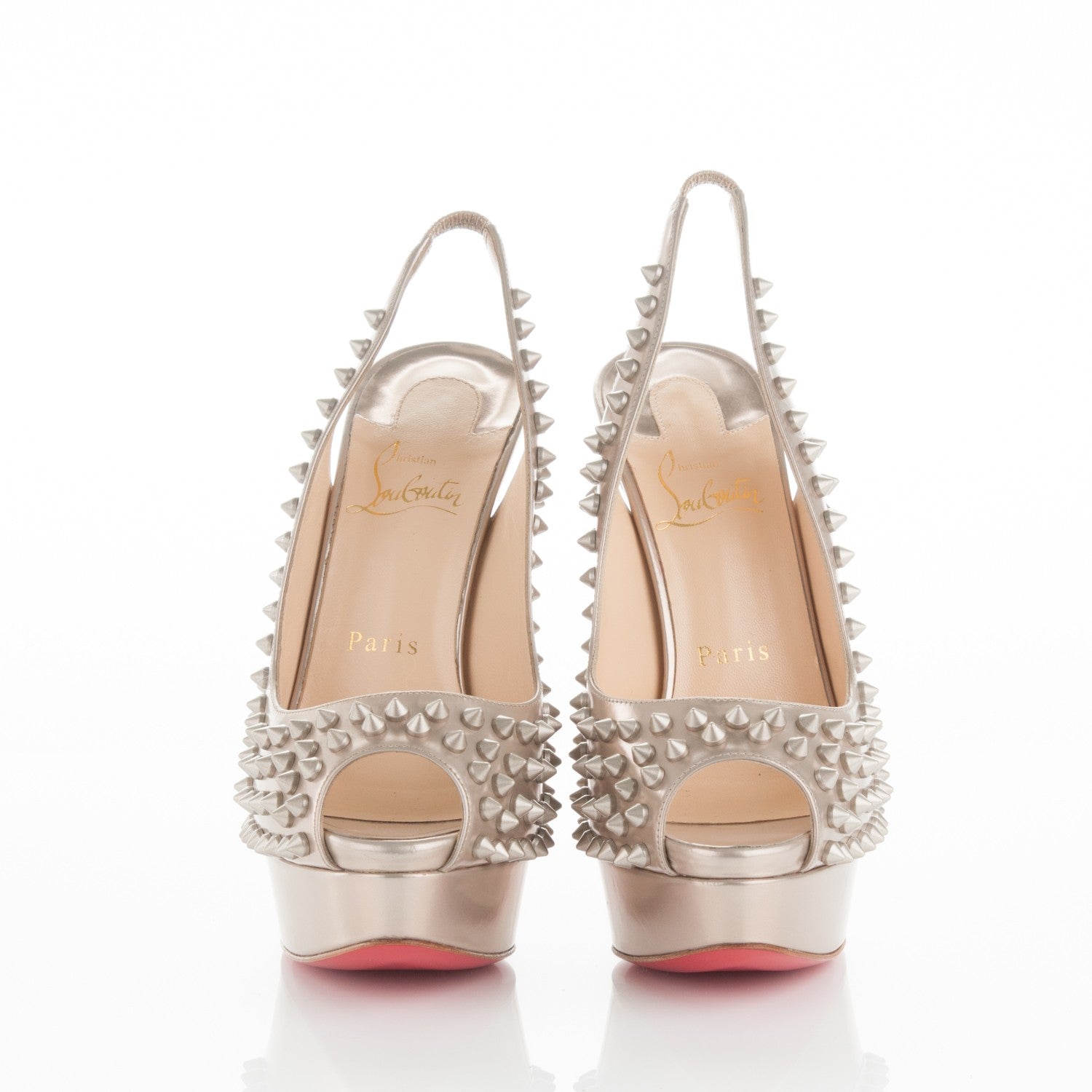 Christian Louboutin Specchio Lady Peep Sling Spikes 150 Pumps 37 Beige 2 of 5