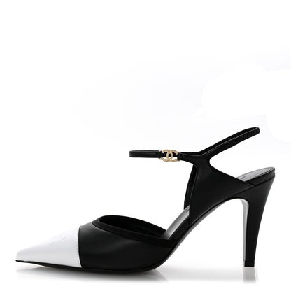 Chanel Lambskin Pointed Cap Toe CC Slingback Pumps 38 Black White 1 of 10