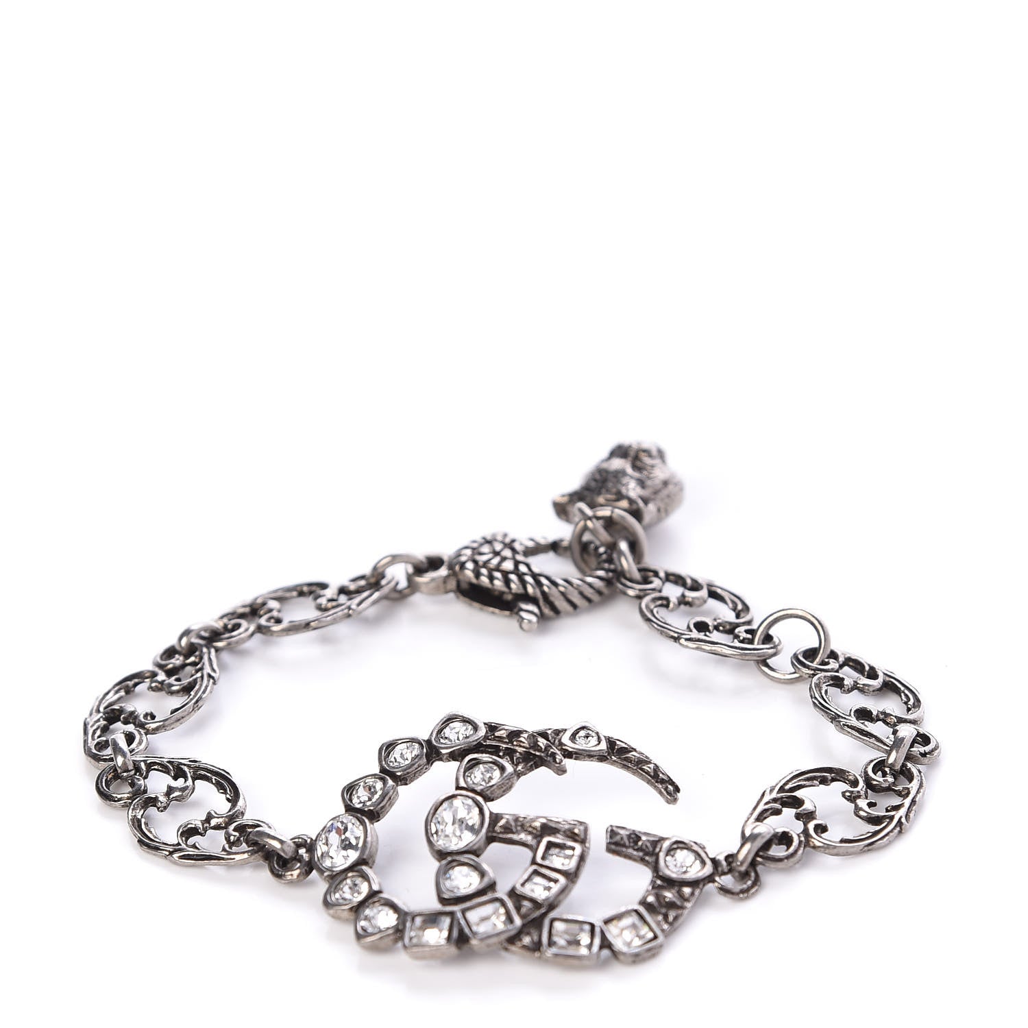 Gucci Oxidized Palladium Crystal Double G Bracelet Silver 1 of 5