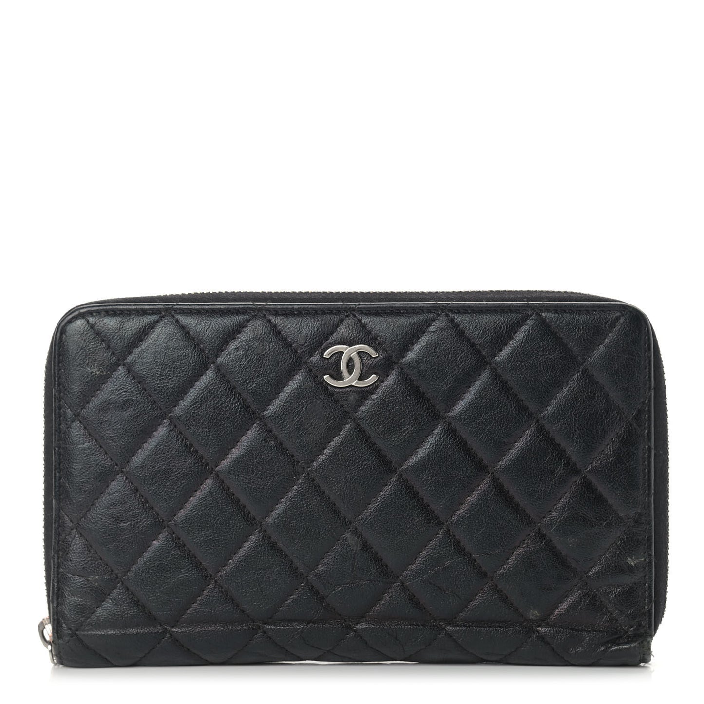 Calfskin Quilted Large Zip Around Organizer Wallet Black