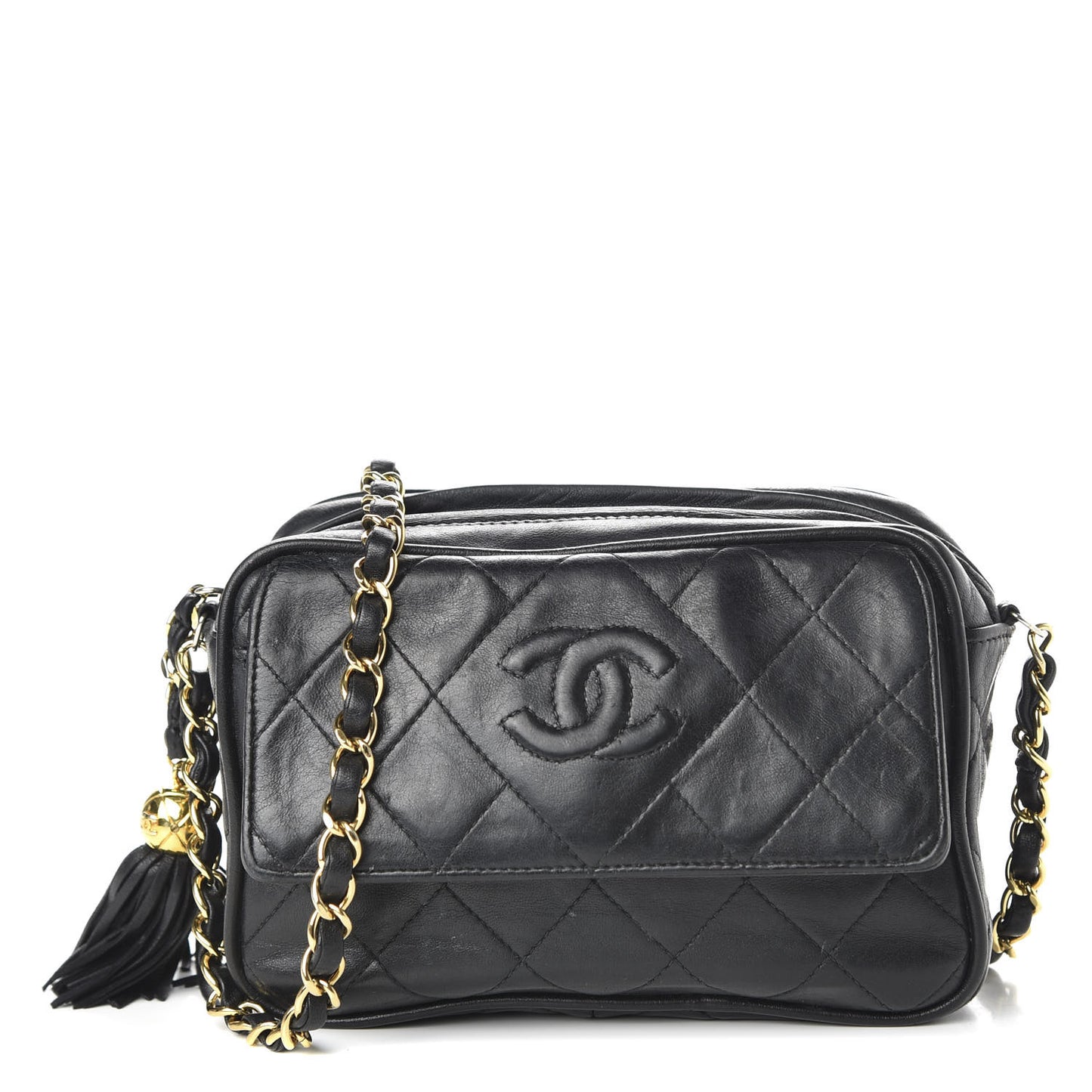 Lambskin Quilted CC Tassel Camera Case Black