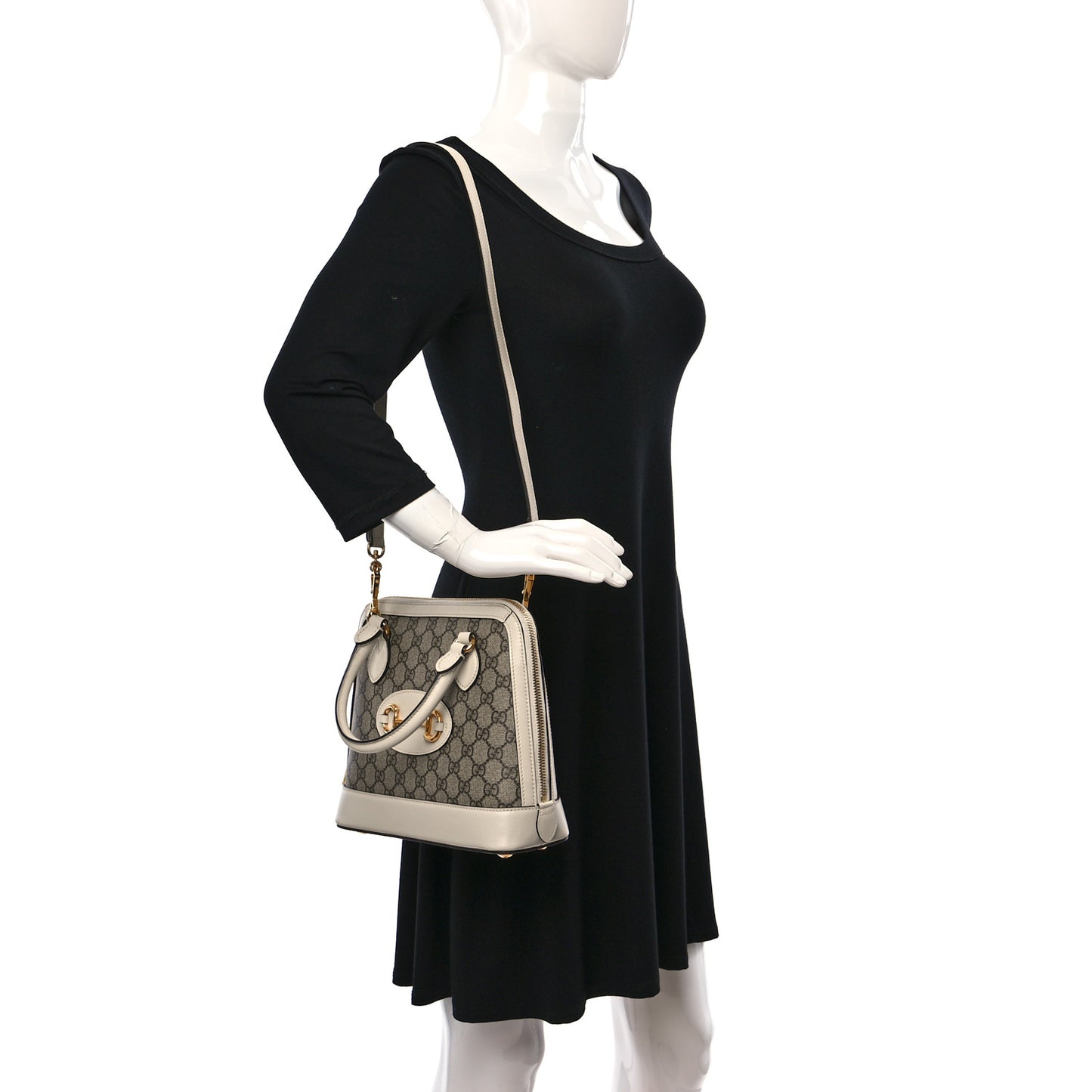 GG Supreme Monogram Azalea Calfskin Small Horsebit 1955 Top Handle Bag Beige Ebony Mystic White