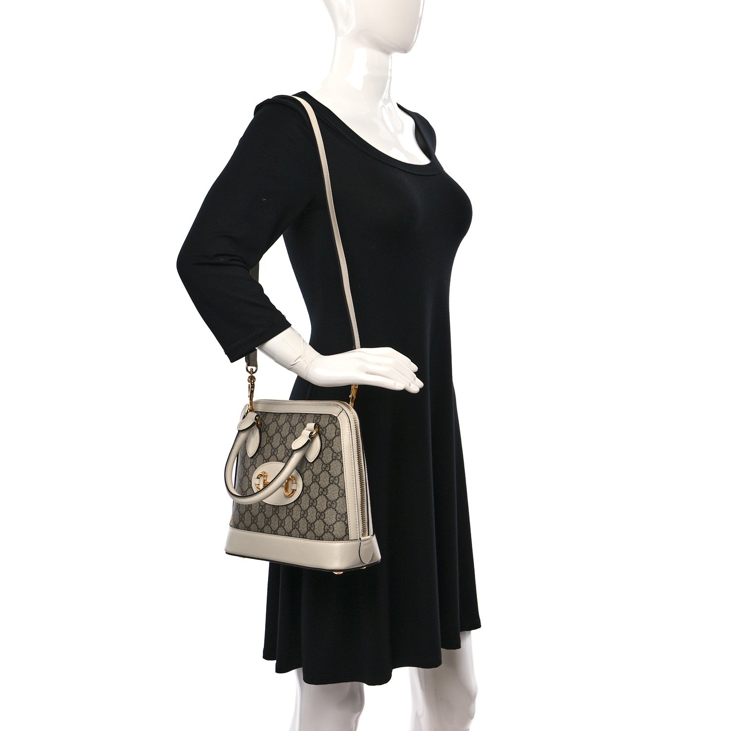 Gucci GG Supreme Monogram Azalea Calfskin Small Horsebit 1955 Top Handle Bag Beige Ebony Mystic White 2 of 9