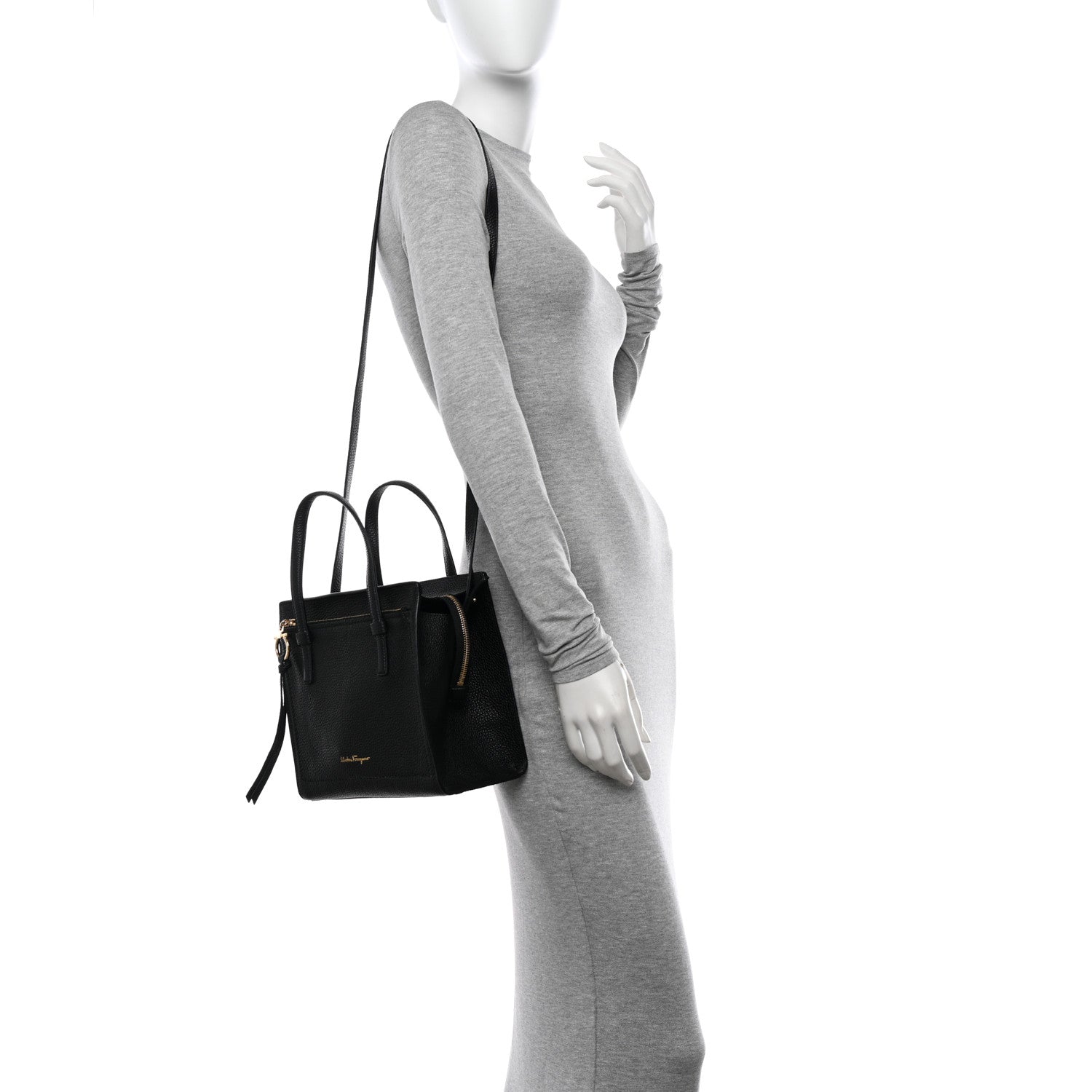 Salvatore Ferragamo Hammered Calfskin Double Handle Small Amy Tote Black 3 of 11
