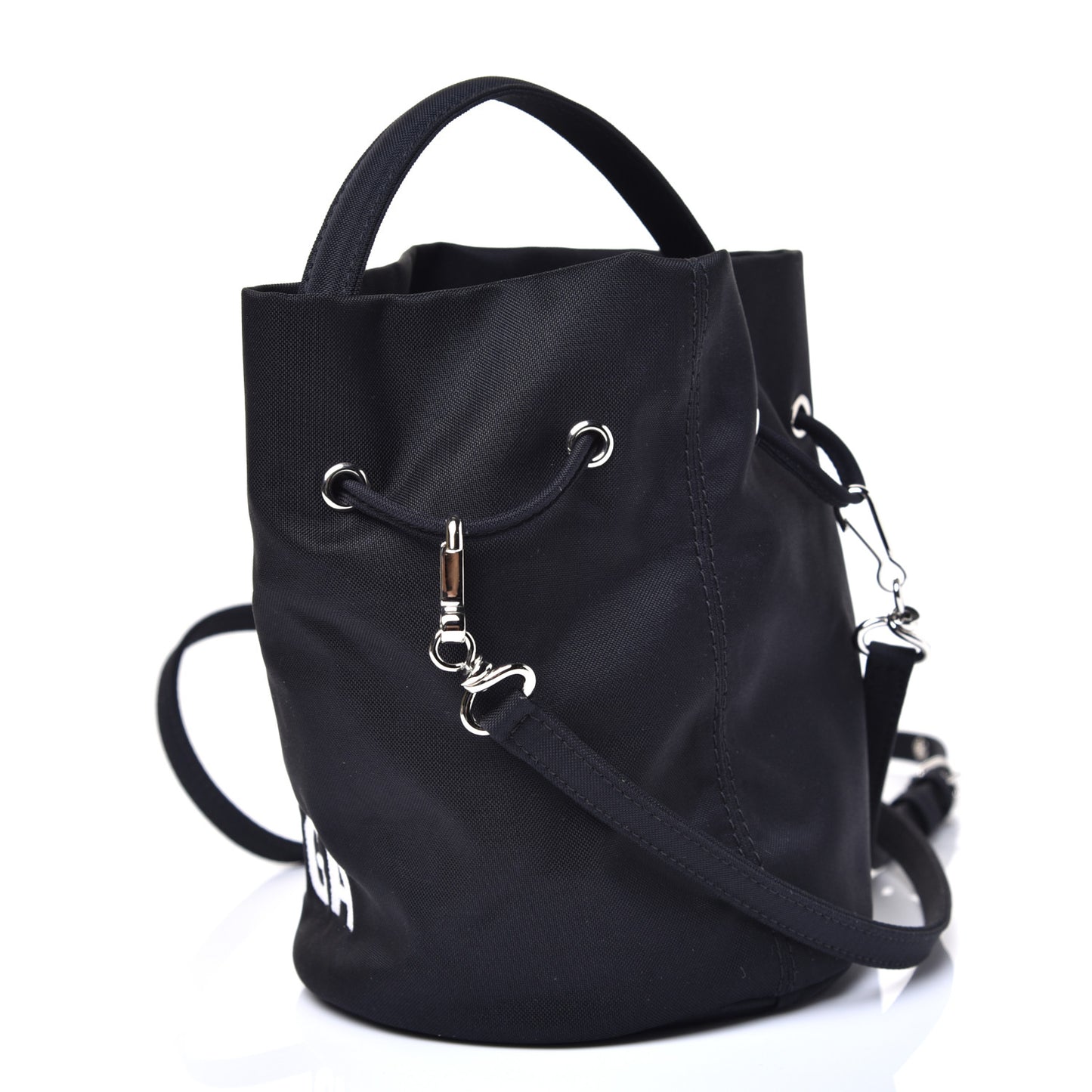 Recycled Sport Nylon Logo Embroidered Wheel Drawstring Bucket Bag XS Black