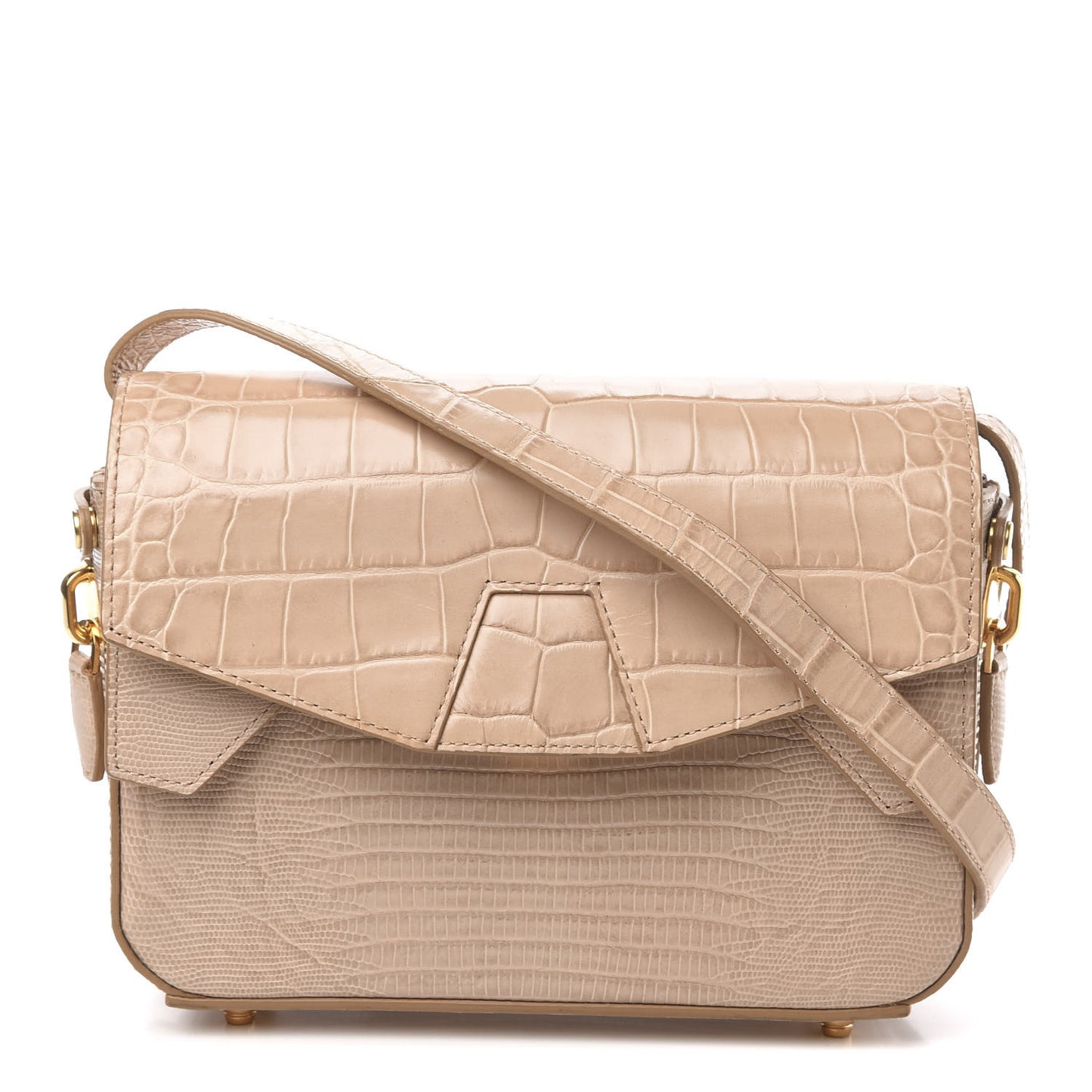 Crocodile Lizard Embossed Calfskin Tri-Fold Shoulder Bag Almond