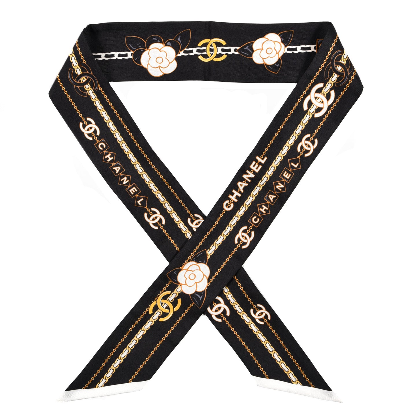Silk Camellia CC Chain Slim Bandeau Scarf Black