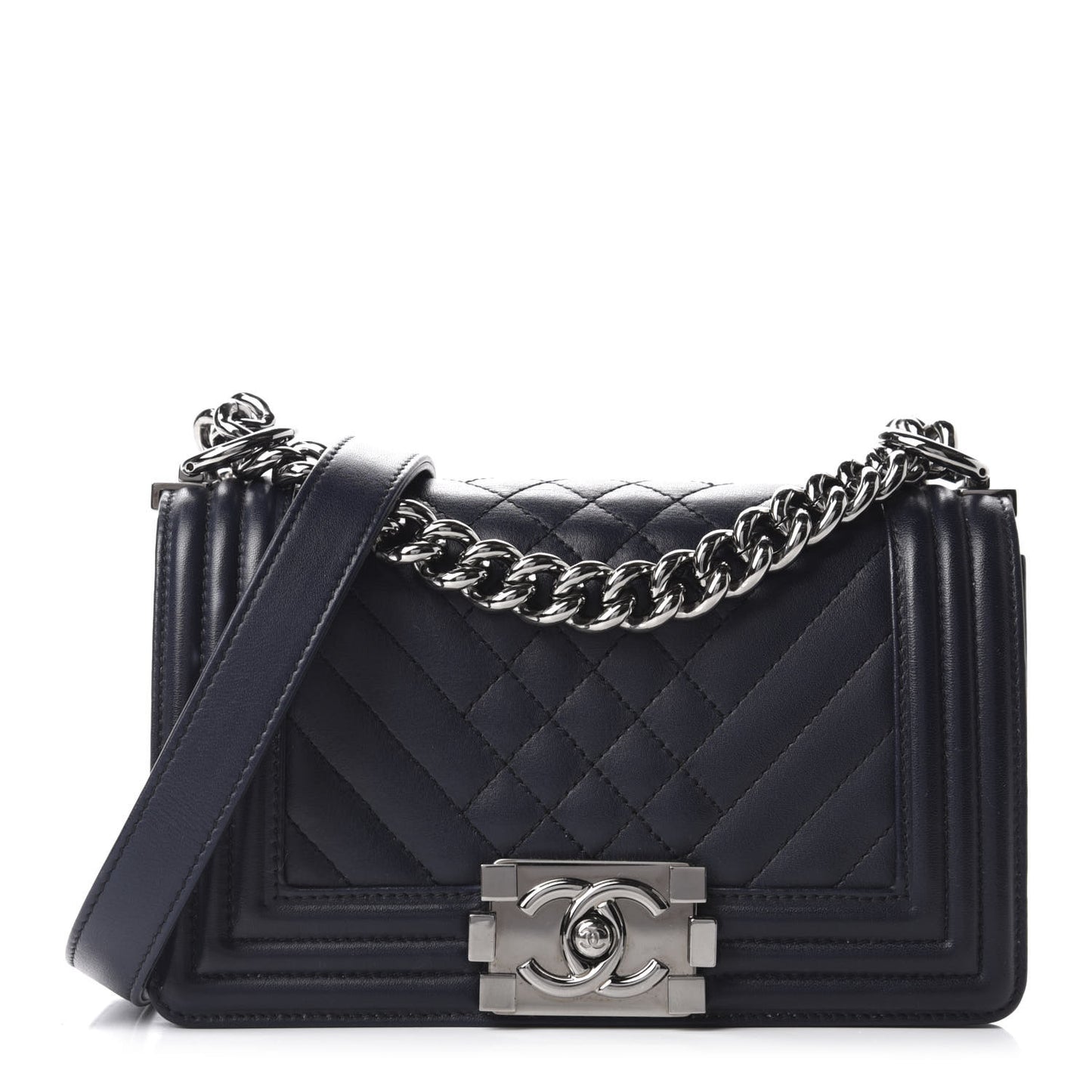 Lambskin Chevron Quilted Small Boy Flap Navy Blue