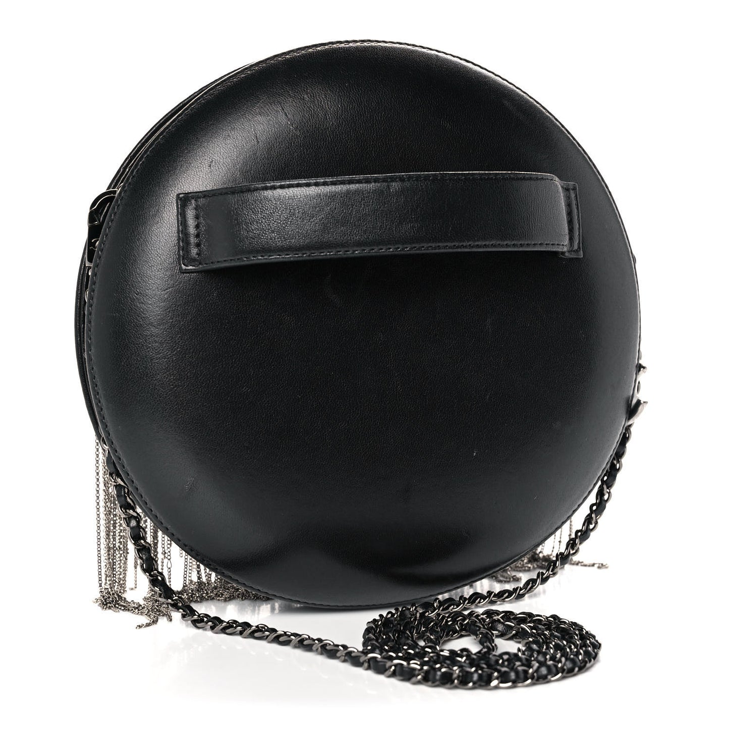 Lambskin Chain Fringe Round Clutch With Chain Black