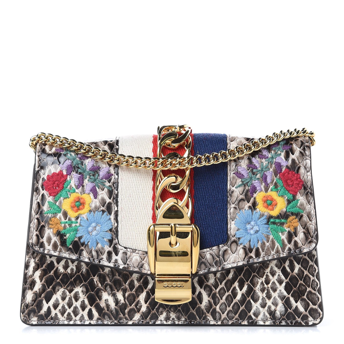 Snakeskin Floral Embroidered Super Mini Sylvie Chain Shoulder Bag